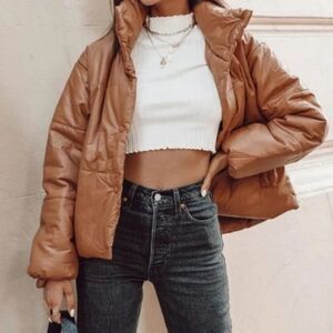 Princess Polly Lioness Camel Oversized Puffer Jacket‎ - Snap Front, Size XXS